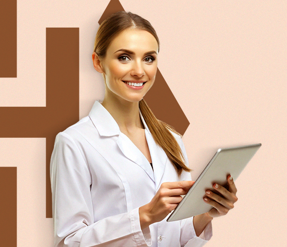 Portal Uma mulher de jaleco está segurando um tablet.